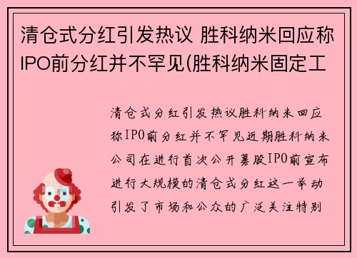 清仓式分红引发热议 胜科纳米回应称IPO前分红并不罕见(胜科纳米固定工资)