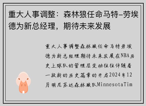 重大人事调整：森林狼任命马特-劳埃德为新总经理，期待未来发展