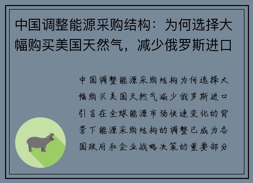 中国调整能源采购结构：为何选择大幅购买美国天然气，减少俄罗斯进口？