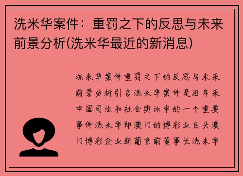 洗米华案件：重罚之下的反思与未来前景分析(洗米华最近的新消息)