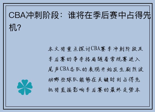 CBA冲刺阶段：谁将在季后赛中占得先机？