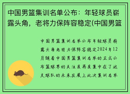 中国男篮集训名单公布：年轻球员崭露头角，老将力保阵容稳定(中国男篮集训队首次人员调整 新闻)