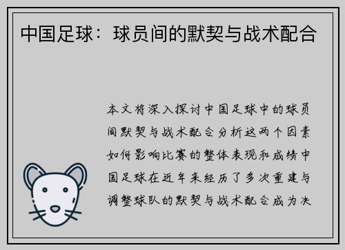 中国足球：球员间的默契与战术配合