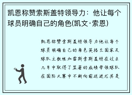 凯恩称赞索斯盖特领导力：他让每个球员明确自己的角色(凯文·索恩)