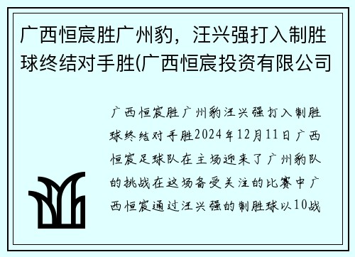 广西恒宸胜广州豹，汪兴强打入制胜球终结对手胜(广西恒宸投资有限公司开发楼盘)