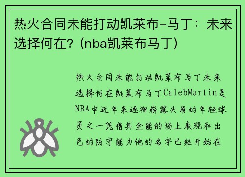 热火合同未能打动凯莱布-马丁：未来选择何在？(nba凯莱布马丁)