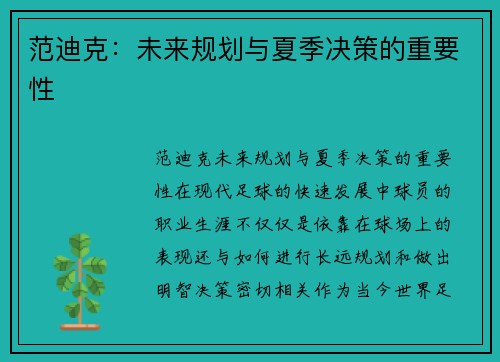 范迪克：未来规划与夏季决策的重要性