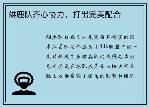 雄鹿队齐心协力，打出完美配合